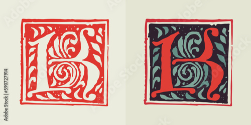 K letter medieval gothic initial. Blackletter style drop cap logo. Dim colored and monochrome square shaped illuminated calligraphy.
