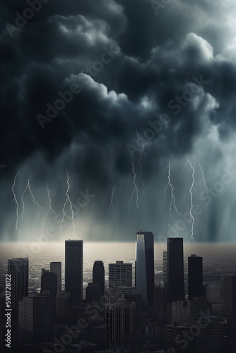 Financial Storm  City Skyline during Bank Run with Thunder and Lightning