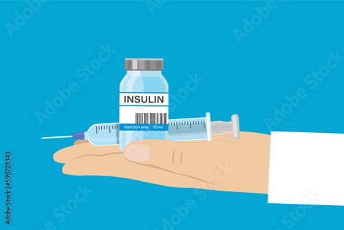 Doctor hand holds plastic medical syringe with needle and insulin vial. Control your diabetes. Concept of vaccination, injection, diabetes. Bottle and syringe.