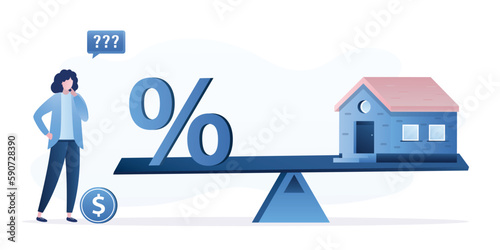 Percent sign and house on seesaw. Woman borrower is considering buying property with mortgage. High annual interest for the use of borrowed funds. Female client is thinking about buying home