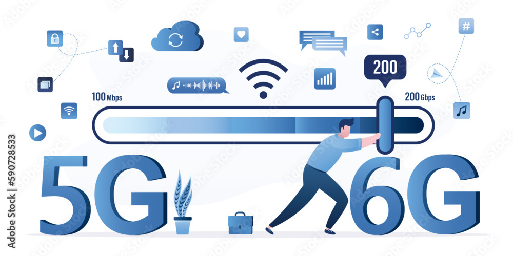 User speeds up wifi internet. Switching from 5g to 6g technology. Technician worker move slider on measuring scale. Wireless signal quality improvements, optimization.