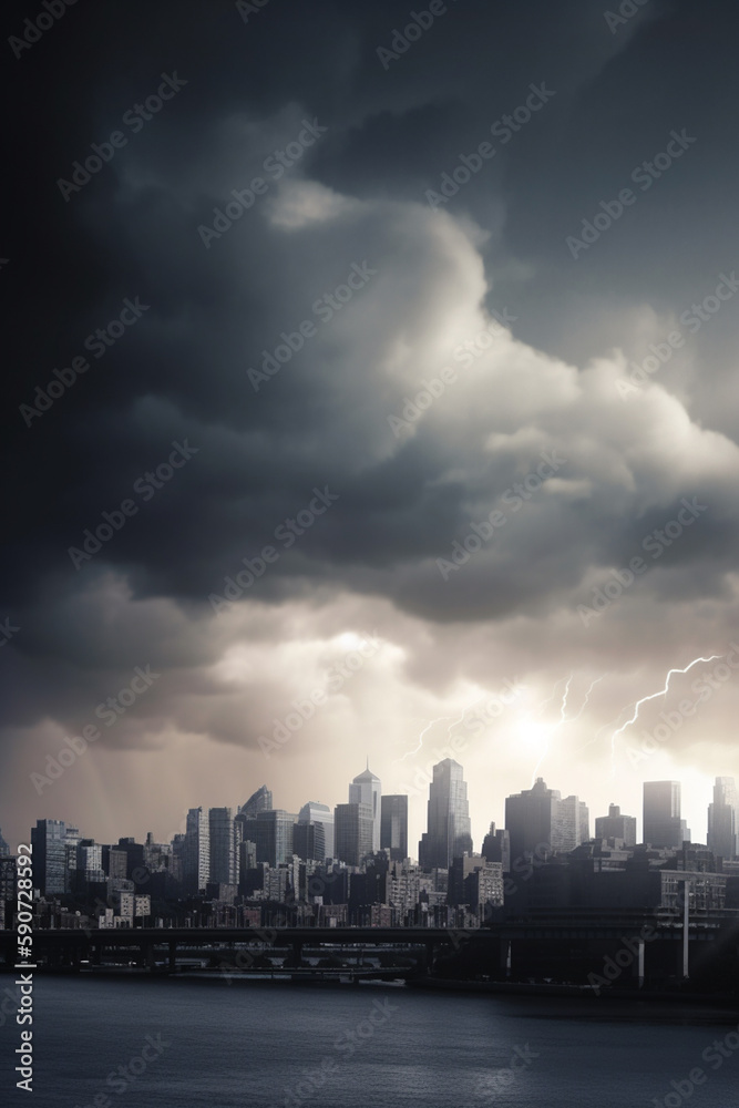 Financial Storm: City Skyline during Bank Run with Thunder and Lightning