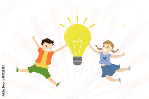 Happy caucasian kids in jump. Successful team holds idea bulb. Smart school children after brainstorming. Pitching ideas on lesson. Cute smiling children. Genius students.