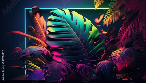 Fototapeta Naklejka Na Ścianę i Meble -  Futuristic jungle in neon cyberpunk style by Generative AI