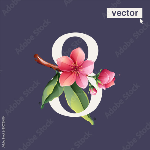8 logo. Number eight with Sakura blooming flowers. Vector realistic watercolor style. Pink cherry petals, bud, branch, and green leaves.