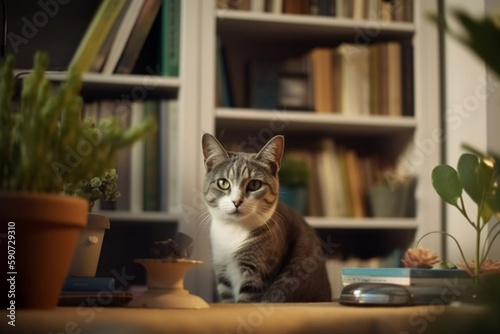 Sophisticated Feline: A Cat in a Modern Apartment Surrounded by Books