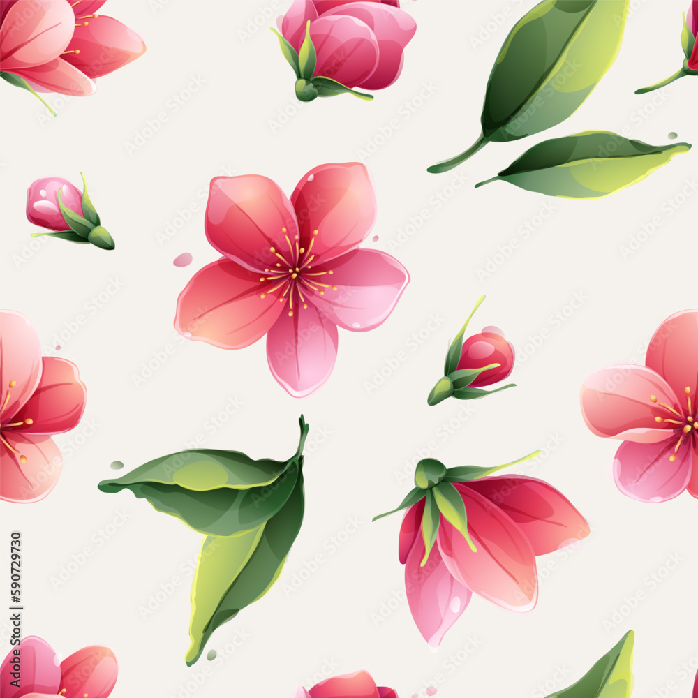 Retro seamless pattern with Sakura blooming flowers, pink cherry blossom, branches.
