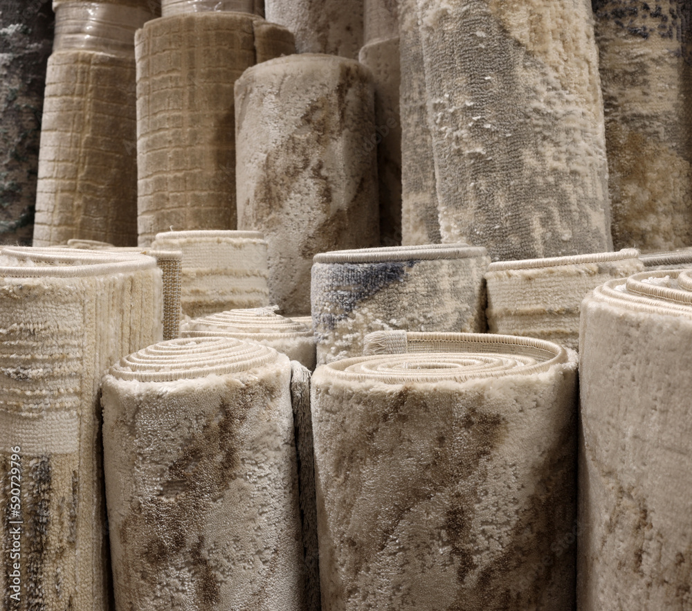 Carpets variety selection rolled up rugs shop store lot. Interior design concept idea Carpets variety selection rolled up rugs shop store lot. Interior design concept idea