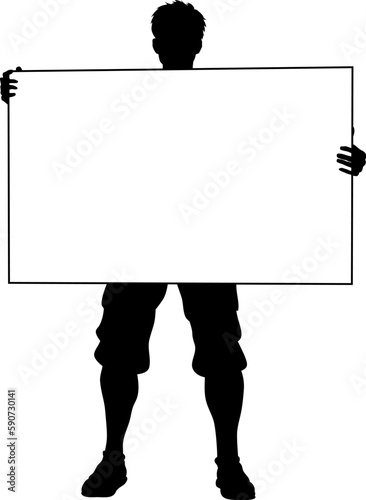 Protestor or demonstrator at a demonstration march, picket line or strike protest rally in silhouette. Holding up a banner or picket sign board placard.