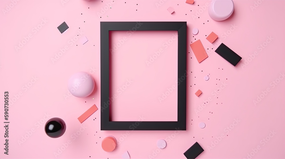 Square black picture frame on a pastel pink abstract background with circles and triangles created with generative AI technology Square black picture frame on a pastel pink abstract background with circles and triangles created with generative AI technology