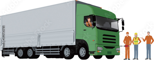 ウイングトラックとドライバーと運送会社スタッフのイラスト