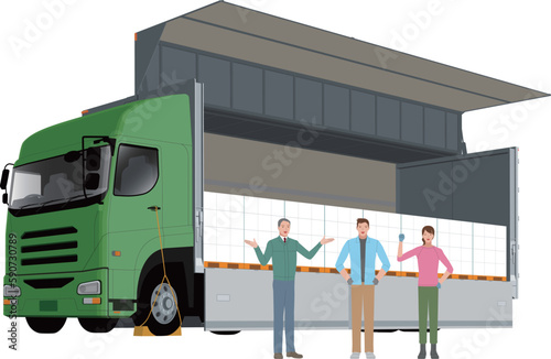 ウイングトラックとドライバーと荷主と荷物のイラスト