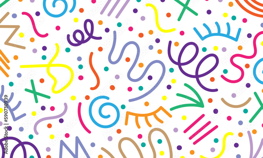 Fun colorful line doodle seamless pattern. Creative minimalist style art background for children or trendy design with basic shapes. Simple childish scribble backdrop