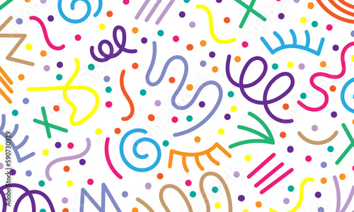 Fun colorful line doodle seamless pattern. Creative minimalist style art background for children or trendy design with basic shapes. Simple childish scribble backdrop