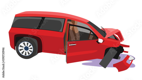 Red family car was severely damaged. Glass of windows were broken.  Bonnet was distorted. Front wheels folded and the front bumper had broken apart. On isloated white backgroud.
