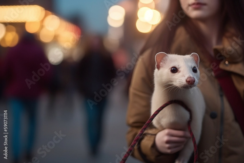Urban Adventure: A Young Woman Taking Her Ferret for a Walk in the City