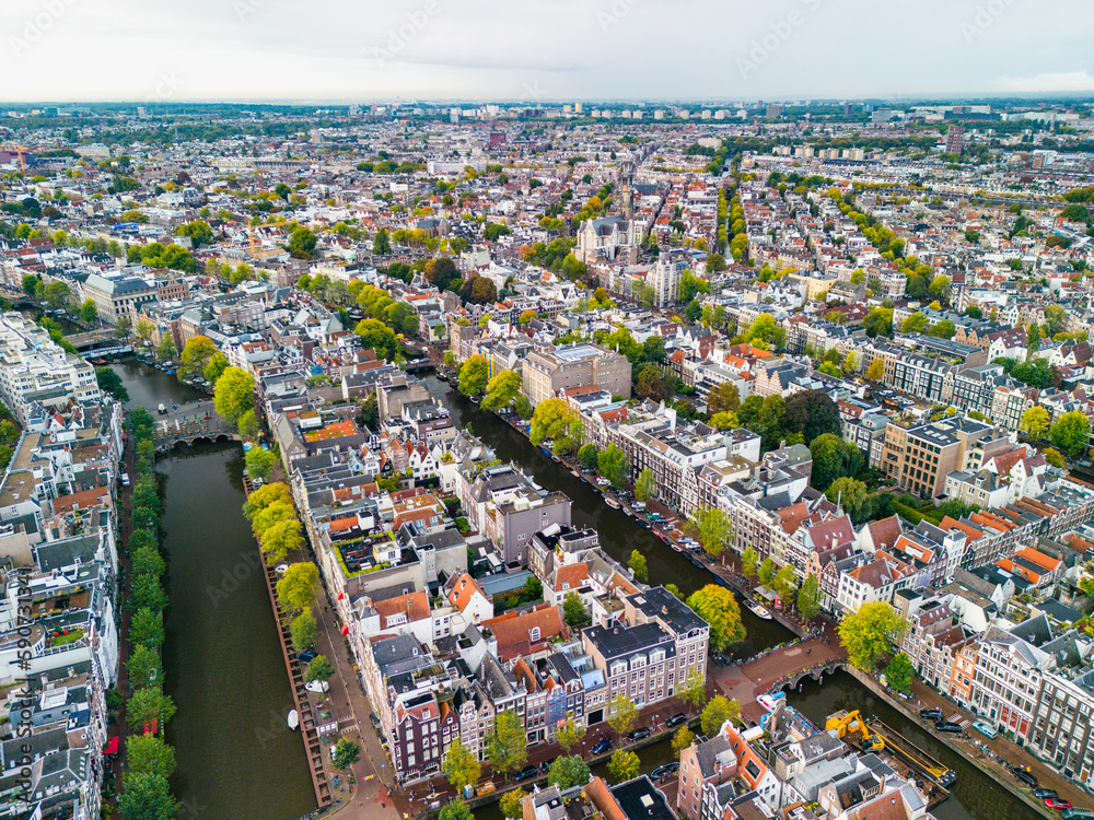 aerial view of Amsterdam with canal and house 