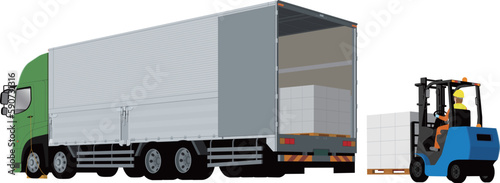 ウイングトラックとフォークリフトとリアドアから荷物の積み込みのイラスト