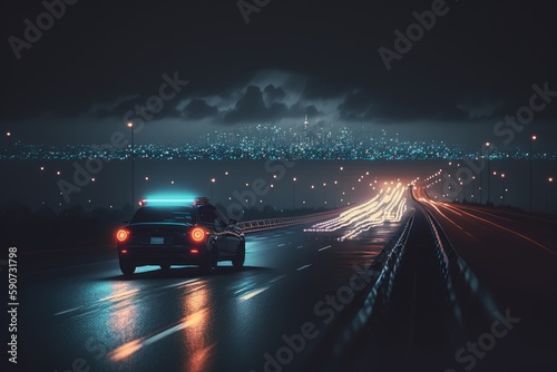 Car driving on the highway at night. Generative AI