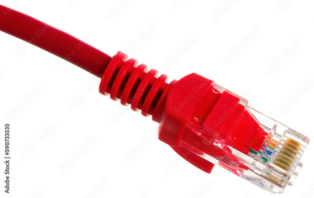 colored ethernet plug with cable isolated on white background close-up colored ethernet plug with cable isolated on white background close-up
