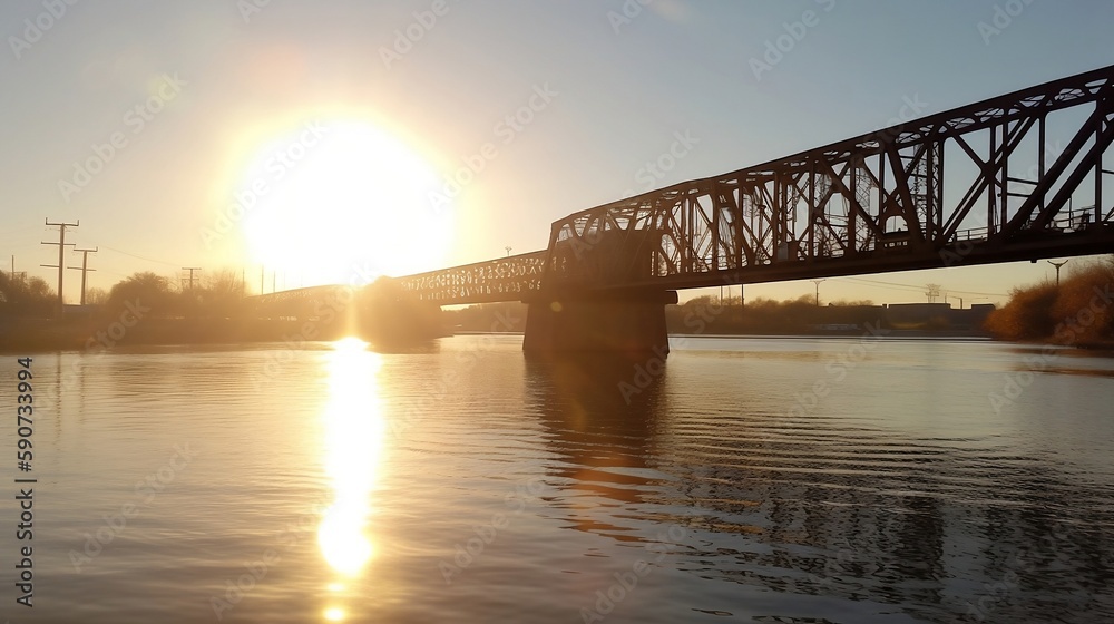 Fototapeta premium Tranquil Early Morning View of Steampunk Rail Bridge Reflected in Water, Created Using Generative AI