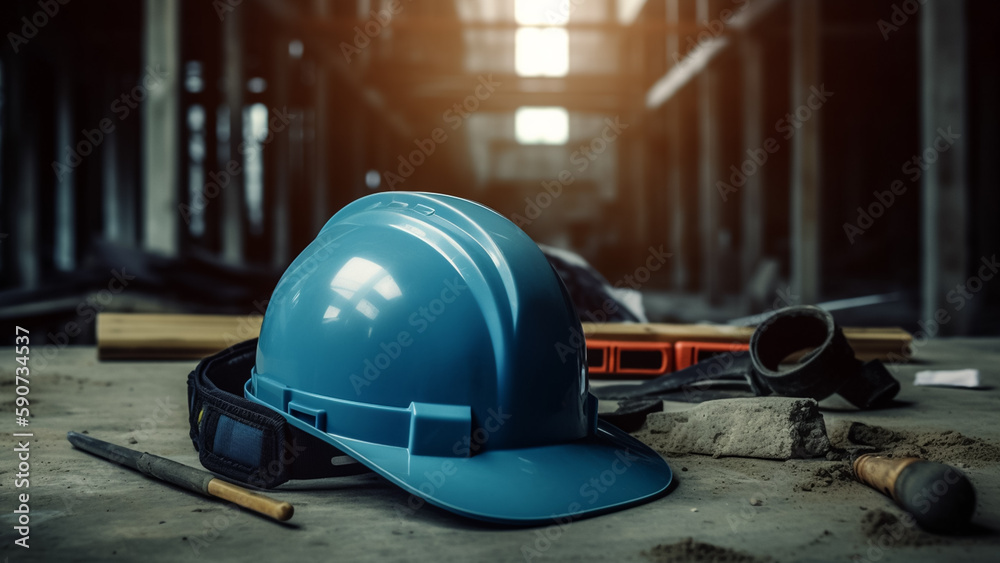 A blue construction working hardhat is placed on the workbench with a construction site background - obrazy, fototapety, plakaty 