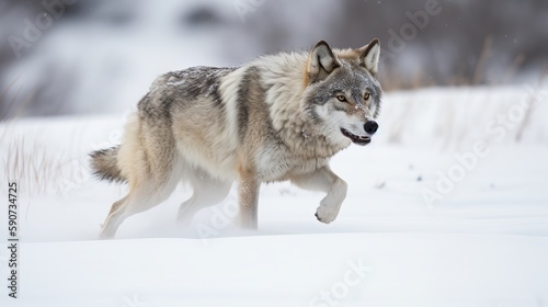 Gray Wolf Running Through the Snow