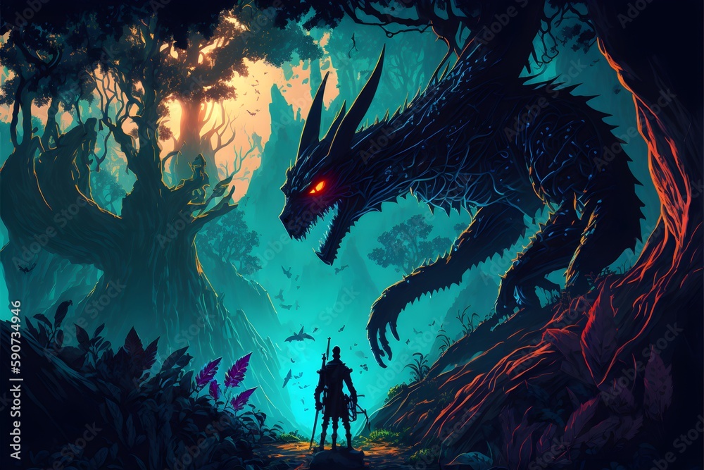 fantasy rainforest with black shadow dragon hiding behind trees