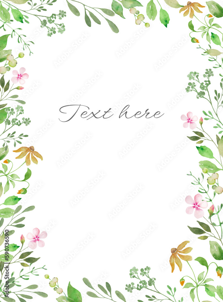 Watercolor floral frame. Background with wildflowers for posters, cards design. Hand drawing illustration isolated on white background. Vector EPS.