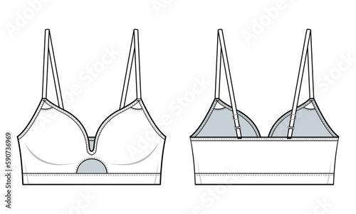 Cut out Bra top fashion technical drawing template. with adjustable straps. Bra top technical fashion Illustration, front and back view design, isolated in white, women's, CAD mockup set.