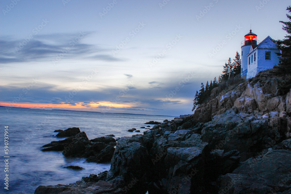 lighthouse at sunset at Arcadia national park