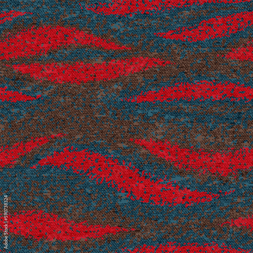Seamless wavy pattern. Blue and red elegant bohemian print. Vector illustration.