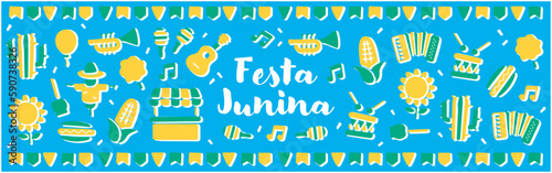 Festa Junina decorative illustrations for postcards, banners and posters.Horizontal wide banner.