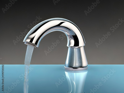 Digital representation of a tap with a drop of water gushing out of it  conceptual art  hyperrealistic. 