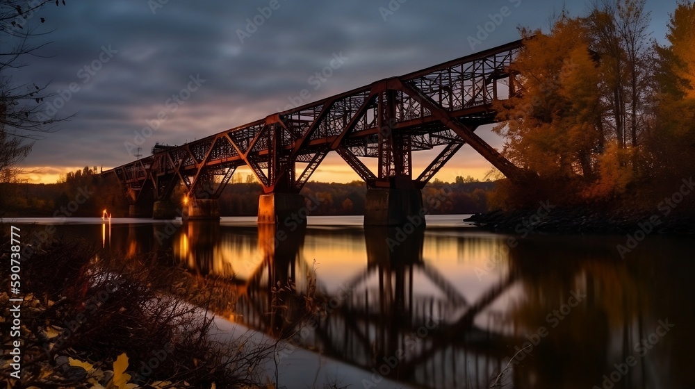 Fototapeta premium Stunning Autumn Dusk View of Steampunk Rail Bridge Reflected in Water, Created Using Generative AI