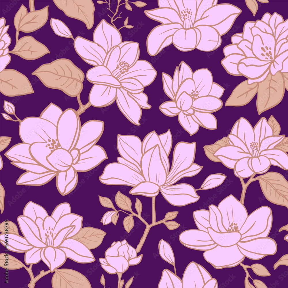 Seamless vector vintage floral pattern magnolia branches with flowers and leaves