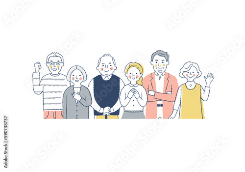 笑顔のシニア世代の男女6人　上半身