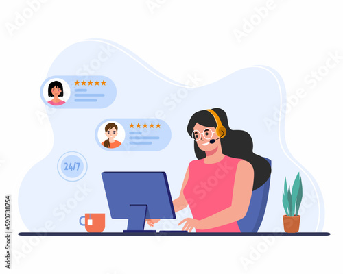 Customer support representative in headset working at computer in office, Concept of customer Support service.