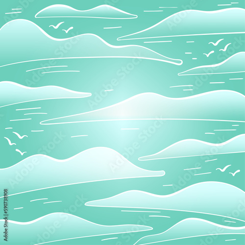 Vector background in white-green colors on the theme of clouds in a cartoon comic style.