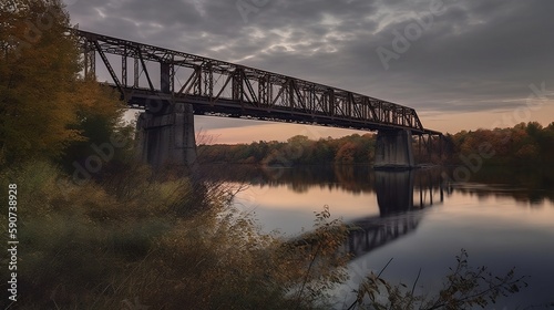 Industrial Elegance Meets Autumn Serenity: Steampunk Rail Bridge at Dusk, Created Using Generative AI © OntheBrink