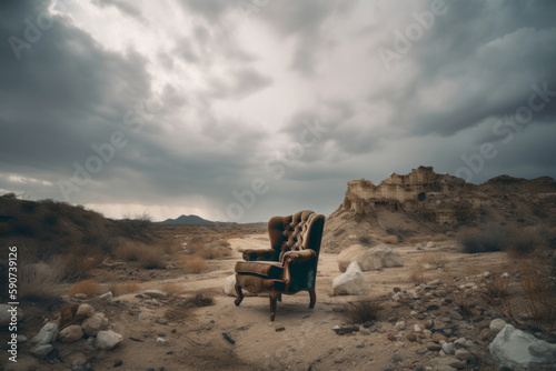 A solitary chair stands amidst the endless expanse of the desert landscape, evoking feelings of solitude and mystery. This stunning image is AI generative.