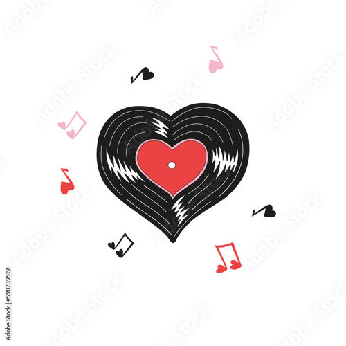 Heart shaped vinyl record groovy hippie design. Love music. Valentines Day graphics. Vector illustration isolated on white.