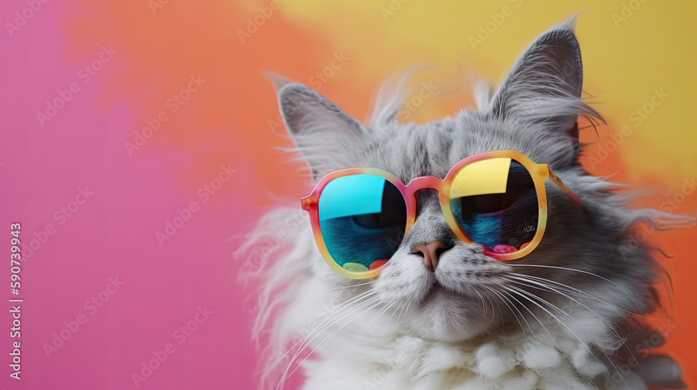 A fluffy grey cat with sunglasses on colorfull background, generative ai illustration with copy space