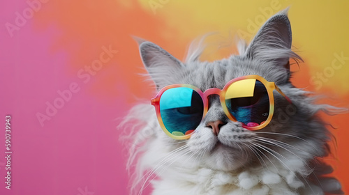 A fluffy grey cat with sunglasses on colorfull background  generative ai illustration with copy space