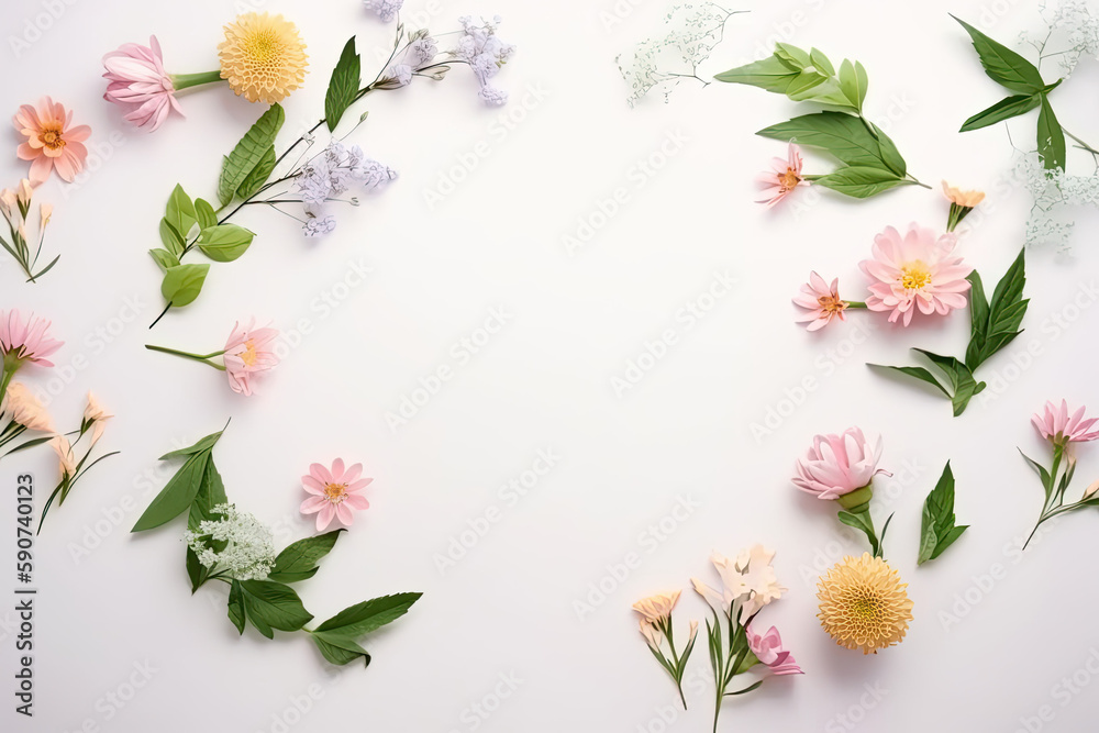 Flat lay image of flowers, twigs and leafs. perfect for backgrounds, weddings, decoration etc.