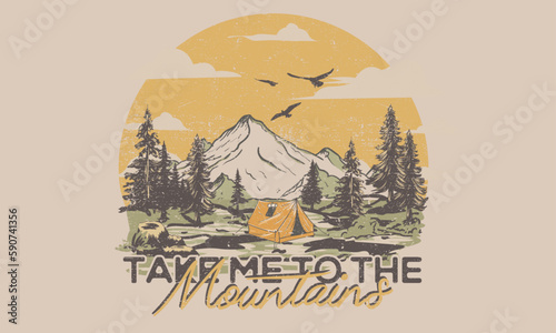 Explore graphic print design for apparel. Mounting summer camping artwork for t shirt , sweatshirt, poster, sticker and others.