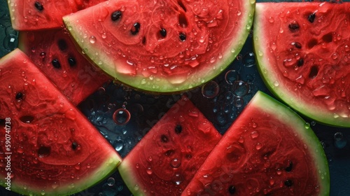 Watermelon, adorned with glistening droplets of water. Generative AI