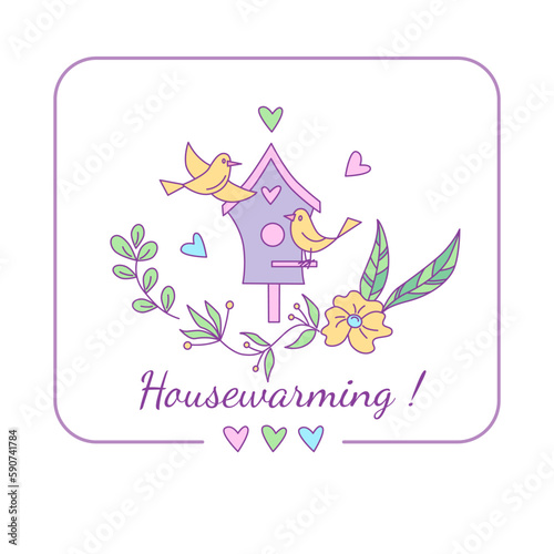 Greeting card with floral design and birds. Vector isolated color illustration in doodle style.