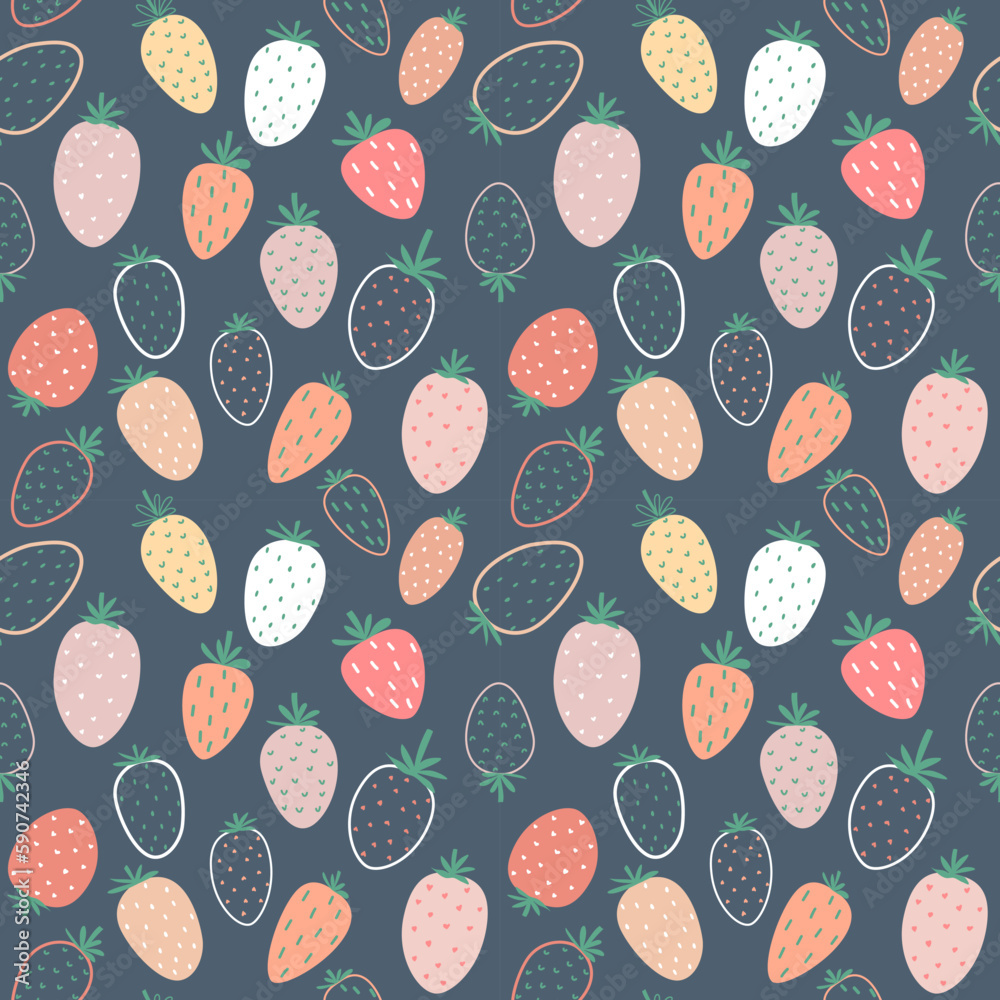 Seamless vector pattern with colorful strawberries on a blue background in a flat style. Ideal for print, wrapping paper, wallpaper, fabric, design.