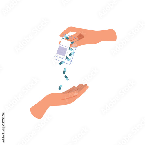 Hand holding medicine pills bottle, pharmaceutics concept.
